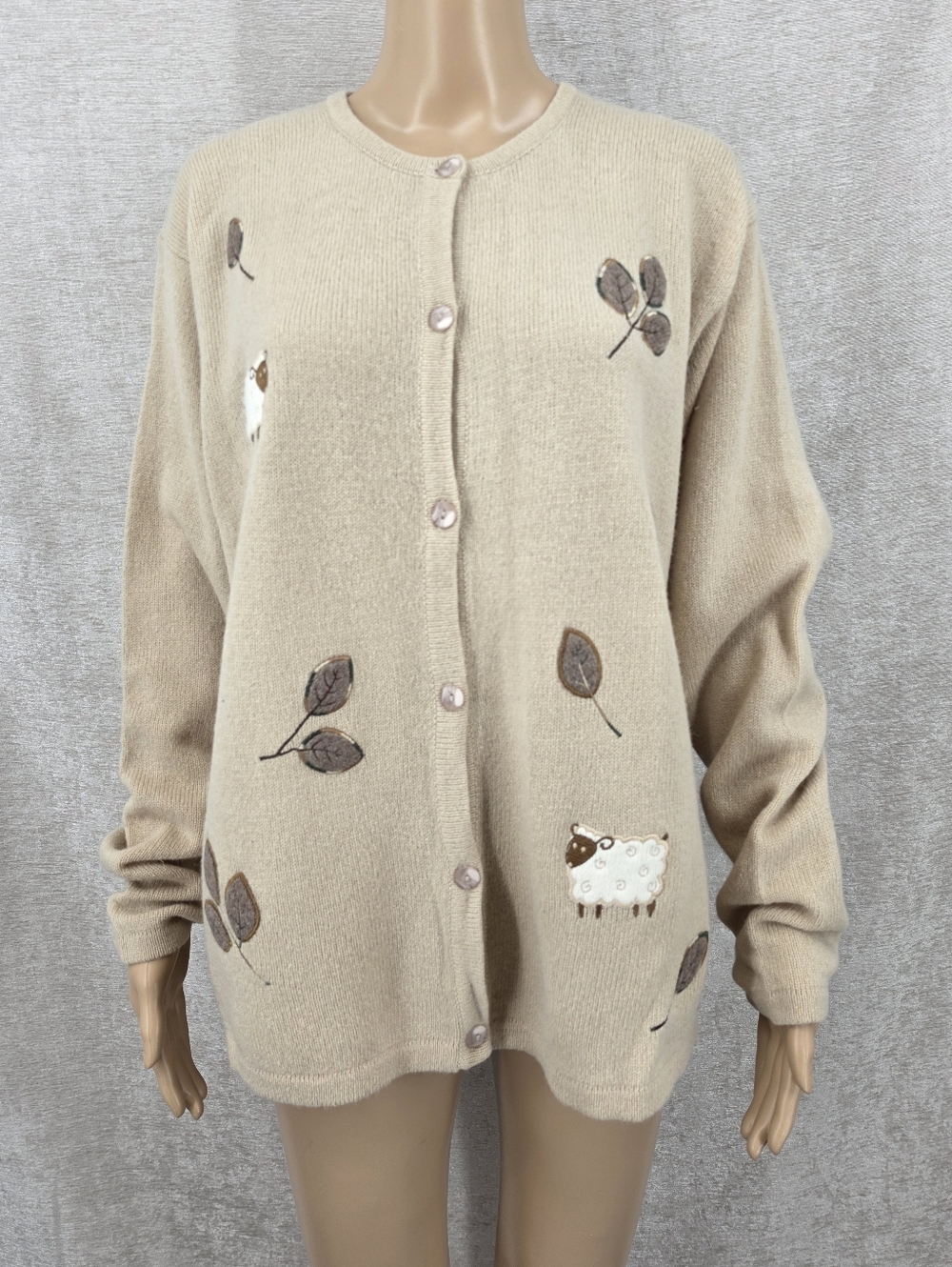 Tulchan Wool Women’s Cream Embroidered Button-Front Sweater Cardigan Sheep
